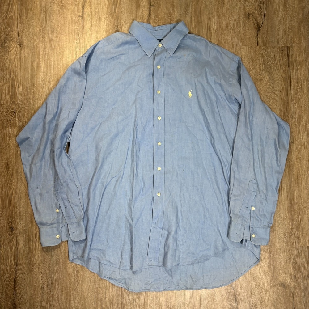 VTG Polo Ralph Lauren Blake Mens 100% Linen Shirt XL Button Up Blue Long Sleeve